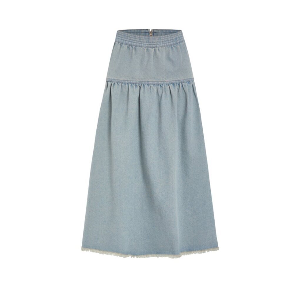 Olivia by Livro Quinn Denim Jean Midi Skirt Womens Small Blue A-Line Tiered Boho